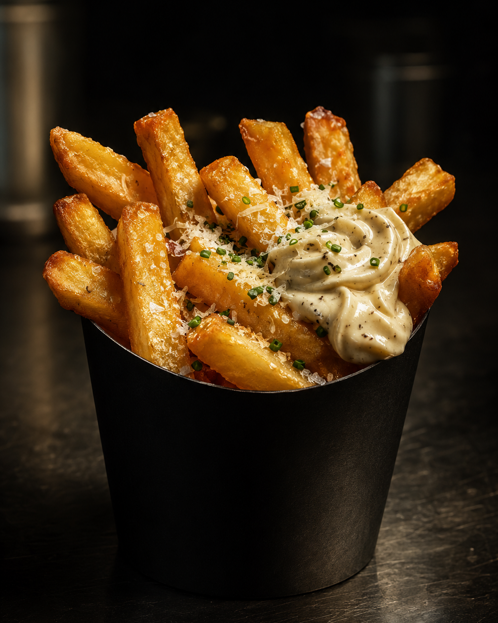 Krispiga grova pommes med tryffelmajonnäs, parmesan och gräslök