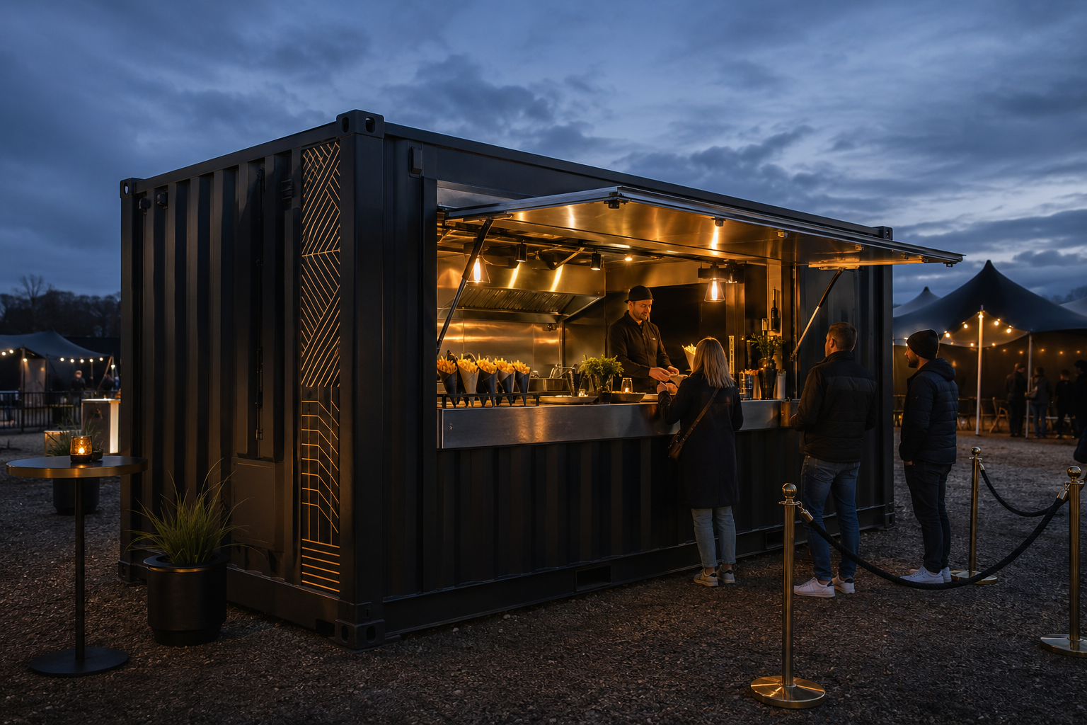 En fristående mobil Frites Society-container med öppen servicelucka på ett event